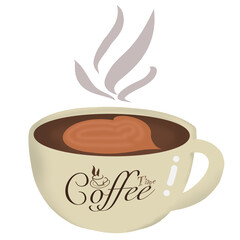 Hot coffee in a glass with coffee writing and smoke rises.