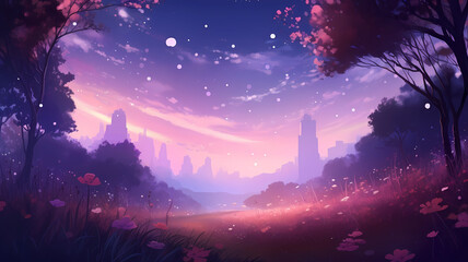 Fototapeta na wymiar Hand drawn beautiful cartoon night starry sky landscape illustration 