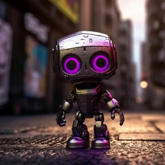 AI-generated illustration of a small robot with purple eyes standing on the pavement