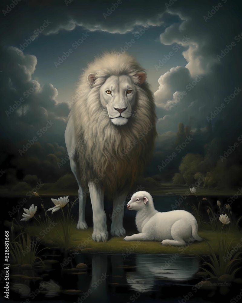 Sticker ai generated illustration of a white lion standing near a sheep at a pond