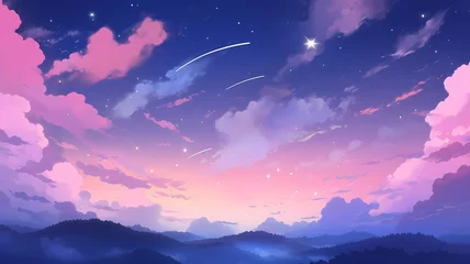 Foto op Plexiglas Hand drawn beautiful cartoon night starry sky landscape illustration  © 俊后生