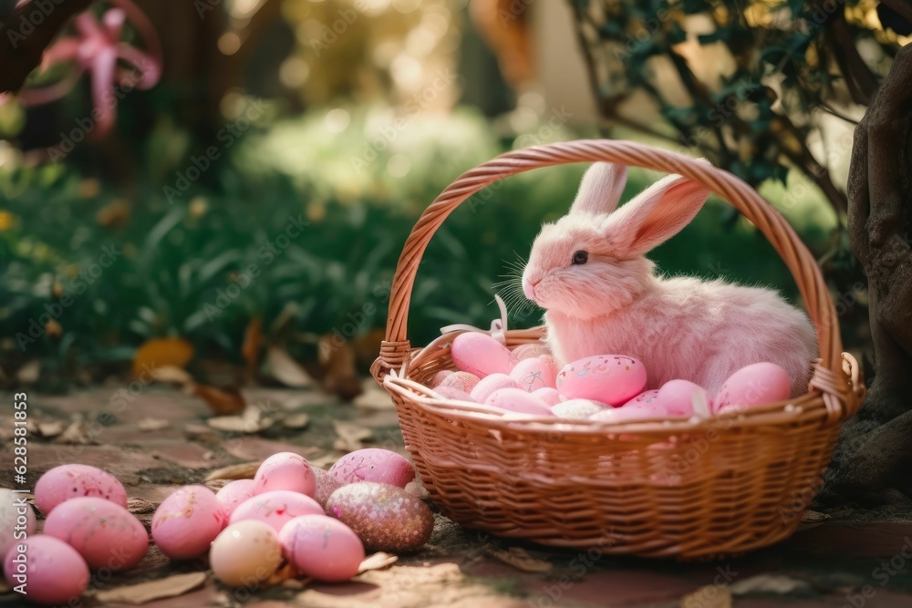 Poster ai generated illustration of an easter background with a rabbit and basket of colored eggs in forest