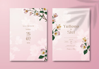 beautiful wedding invitation template with soft pink background and flower watercolor premium vector
