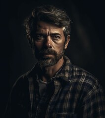 Fototapeta premium AI generated illustration of a mature man with a full beard and a plaid shirt on a black background