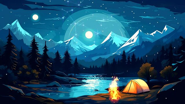 Camping in the mountains at night, with bonfire, tend, lake, ice mount video footage beautiful view background looping scenery 4k quality	