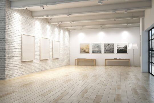 Interior gallery for mocap. rough white brick wall. light colored wood parquet. paintings with a white background and floodlights. Generative AI