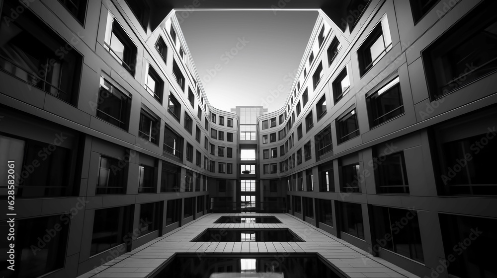Poster ai generated illustration of pools reflecting the surrounding architecture in grayscale