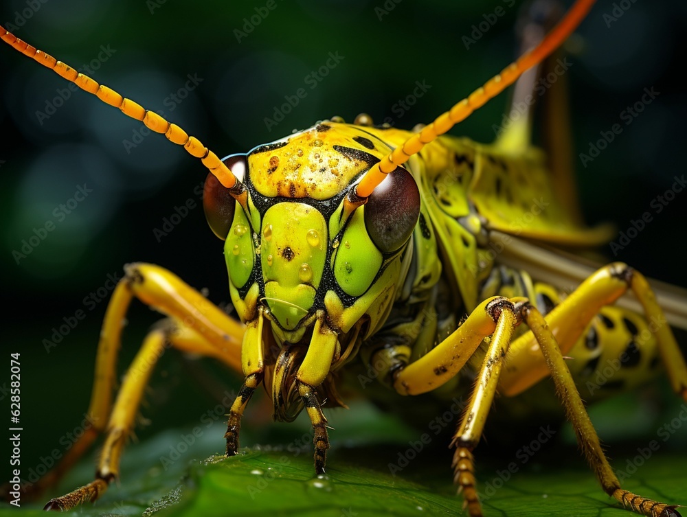 Poster ai generated illustration of a grasshopper with long horns in a jungle setting
