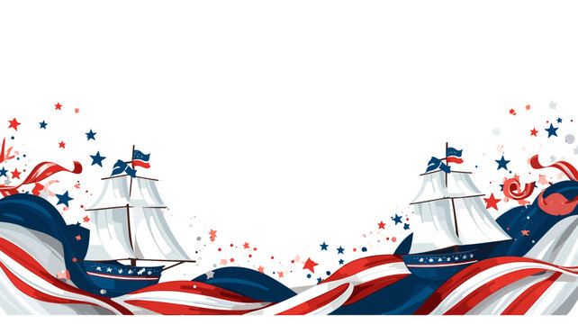 AI generated. Columbus Day, poster, background. Flat lay composition with United states decorations and ribbon on white background. symbol