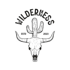 hand drawn cactus with skeleton Longhorn Buffalo Bull Cattle Livestock farm western vintage vector logo design