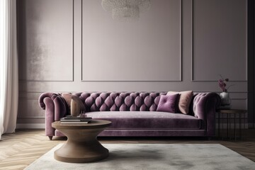 Couch with bright accents in the living room. Velour modern purple couch A blank wall in ivory,...
