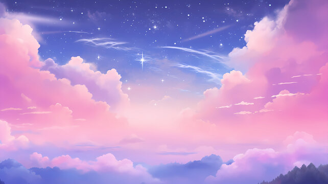 Hand drawn beautiful cartoon night starry sky landscape illustration
