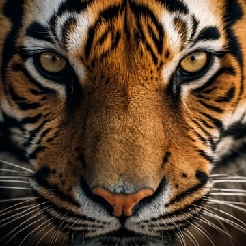 AI generated illustration of a tiger's face in a dark background looking at the camera