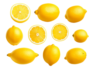 Fresh organic yellow lemon fruit with slice isolated on Transparent Background.  AI generative illustration