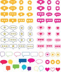 Big collection of colored customer review symbols. Feedback and communication, rating stars, like button hearts and different speech bubbles. Positive and negative comments and chat speech bubbles - obrazy, fototapety, plakaty