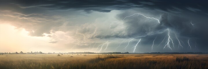 Lightning strikes the ground in a summer storm all over the sky in field. Generative AI