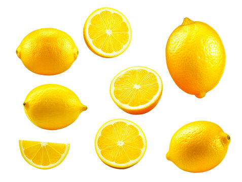 Fresh organic yellow lemon fruit with slice isolated on Transparent Background.  AI generative illustration