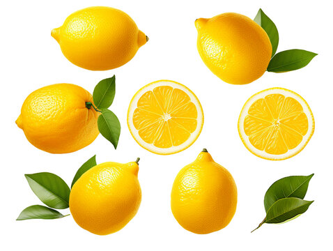 Fresh organic yellow lemon fruit with slice and green leaves isolated on Transparent Background. AI generative illustration