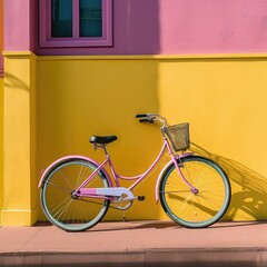 Fototapeta na wymiar AI generated illustration of a pink bike leaning against the wall adjacent to an entrance