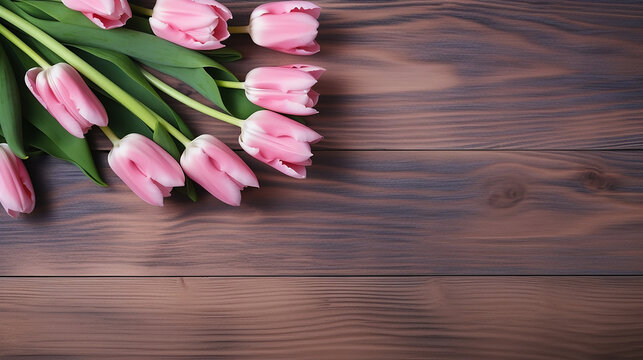 pink tulips on wooden background