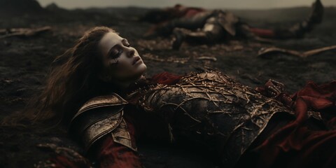 AI generated illustration of a wounded female warrior laying on the battlefield