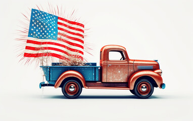A vintage truck adorned with fireworks to celebrate Independence Day on the 4th of July, alongside an American flag symbolizing Memorial Day, both presented in isolation on a white background. Ample c