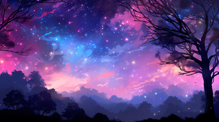 Hand drawn beautiful cartoon night starry sky landscape illustration

