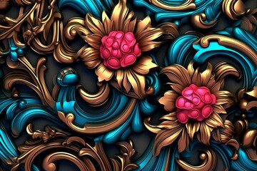 3d floral design with gold and blue flowers on a black background