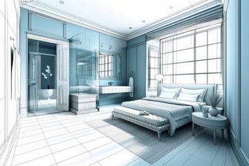 draft of a blueprint project, a luxurious bedroom with a bathroom, parquet flooring, a large window with stained glass, a double bed, a bathtub, and a carpet with poufs,. Generative AI