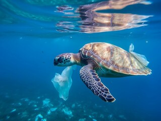 AI generated illustration of a turtle wrapped in plastic bags, concept of environmental pollution