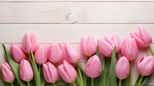 pink tulips on wood background
