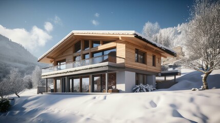 AI generated illustration of a house atop a hill blanketed with snow, surrounded by a lush forest