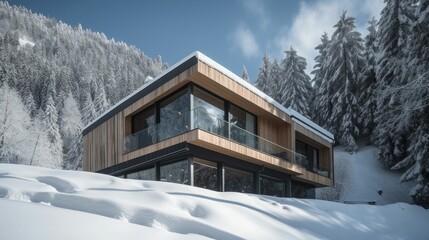 AI generated illustration of a house atop a hill blanketed with snow, surrounded by a lush forest