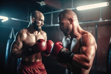 Fototapeta na wymiar Intense Sparring: Two Men in Red Boxing Gloves Showcasing Lively Action Poses in a Scoutcore Boxing Gym