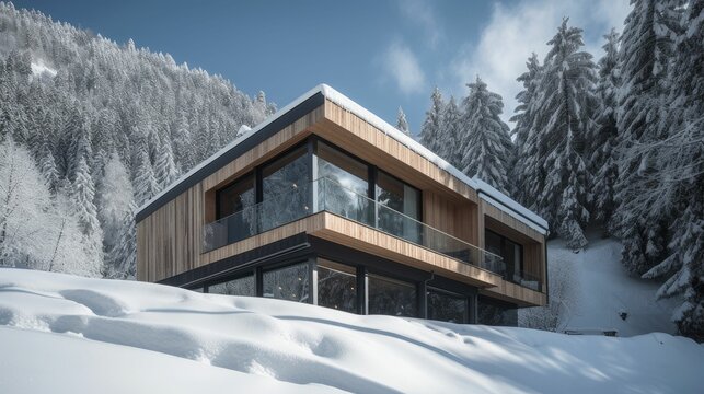 AI generated illustration of a house atop a hill blanketed with snow, surrounded by a lush forest