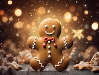 Abwaschbare Fototapete Bäckerei Gingerbread man. Festive background with smiling gingerbread man cookies over blurred bokeh background, copy space. Happy winter holidays concept. Merry Christmas and Happy New Year banner