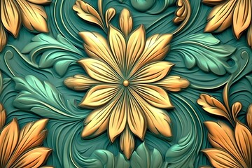 3d rendering of a gold and green floral pattern on a blue background