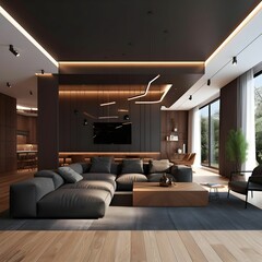 Chic modern living room, featuring dark-hued furniture. AI-generated.