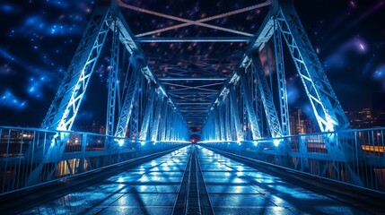 AI generated illustration of an illuminated bridge crossing a tranquil body of water