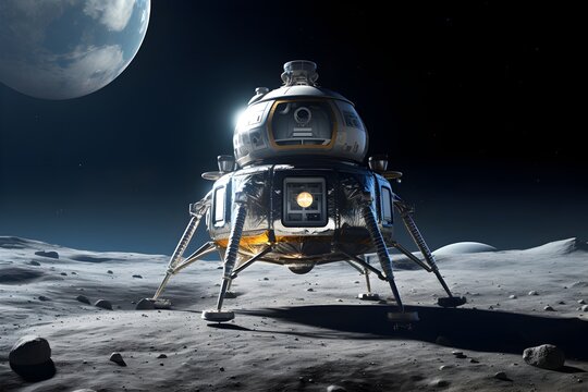 Spaceship lands on the surface of the moon, space expedition to the planet or satellite. Ai generative