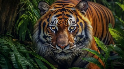 AI generated illustration of an orange tiger's eyes peeking through lush green foliage