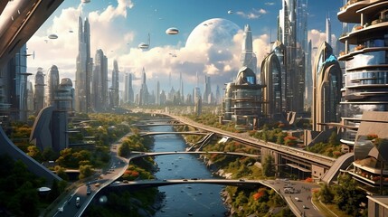 AI generated illustration of a bustling city skyline featuring an array of futuristic cars