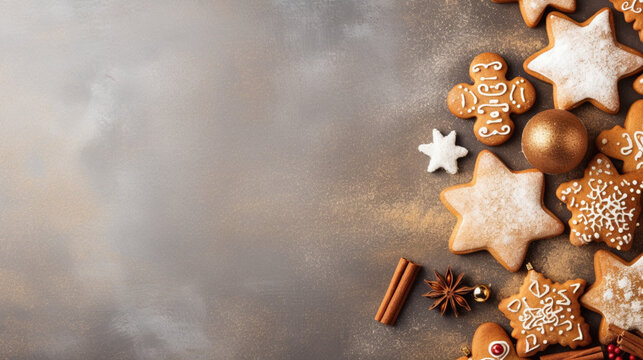 Christmas background with gingerbread cookies. Christmas greeting card with gingerbread cookies over grey background, top view. Flat lay with copy space for xmas greetings.