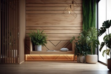 Fototapeta na wymiar Interior design of a modern room with a wooden wall and plants. Generative AI