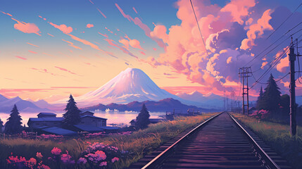 Fototapeta na wymiar mountain at sunset Anime Art Style Nature Environment Concept Art Illustration Background Image. Generative Ai content