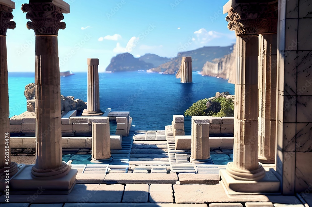Poster ai-generated illustration of a scenic view of a columned pathway with the view of an ocean