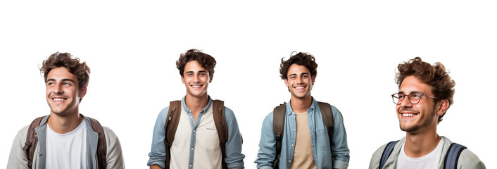Male university student smiling happily on transparent background - obrazy, fototapety, plakaty