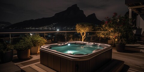 AI-generated illustration of a luxurious jacuzzi outdoors at night - obrazy, fototapety, plakaty
