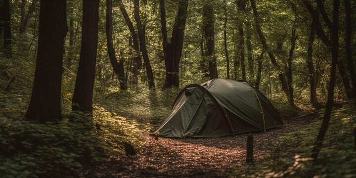 AI generated illustration of camping tent set up in a lush green forest with a tree providing shade
