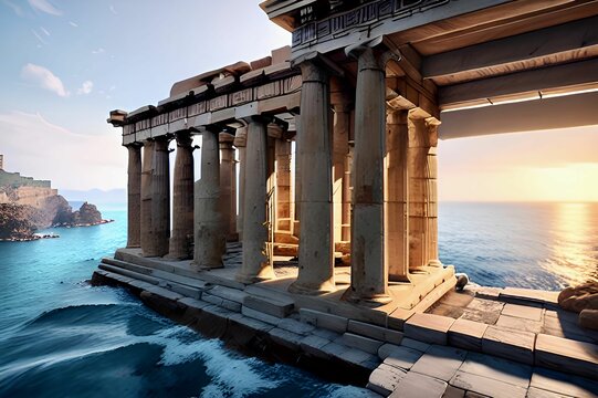 AI-generated Illustration Of An Ancient Greek Temple On The Ocean